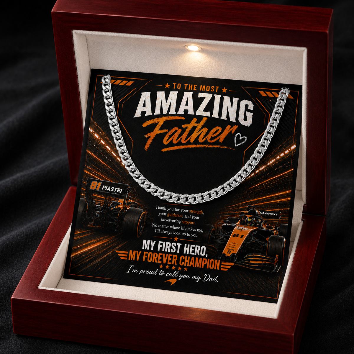 F1 Formula One Inspired Dad Gift | To the Most Amazing Father Cuban Chain Silver or Gold Necklace