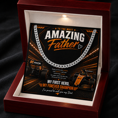 F1 Formula One Inspired Dad Gift | To the Most Amazing Father Cuban Chain Silver or Gold Necklace