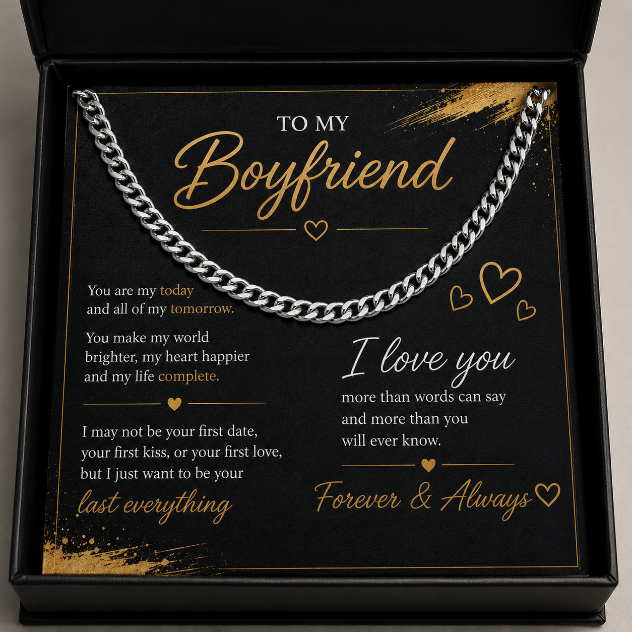 To My Boyfriend Cuban Chain Necklace | Gold or Silver Necklace | Romantic Gift for Him