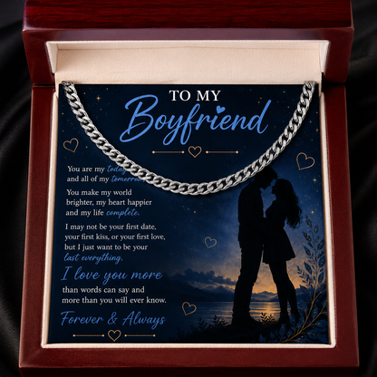 To My Boyfriend Cuban Chain Necklace | Gold or Silver Chain | Romantic Gift for Him